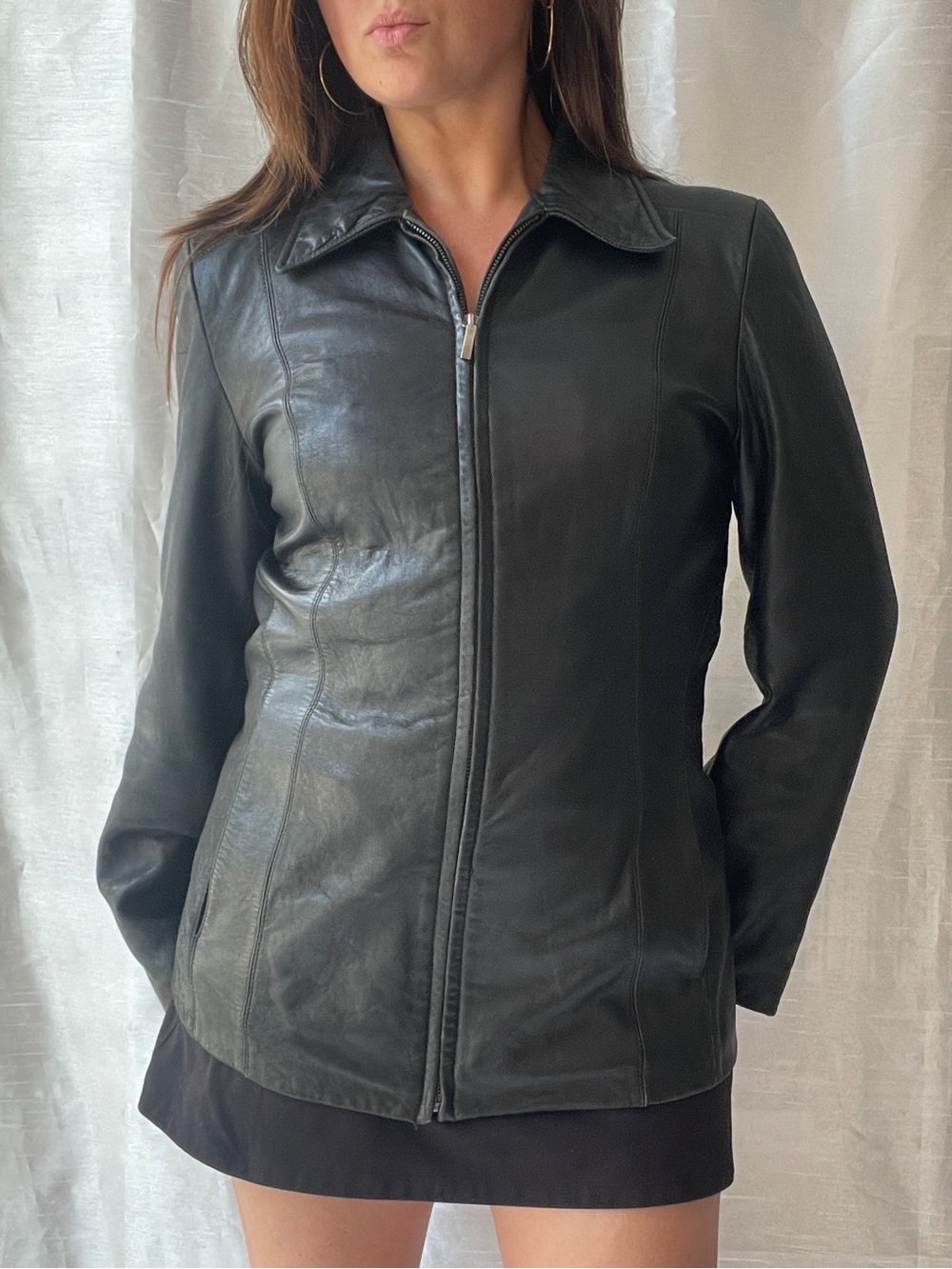 Vintage Genuine Leather Jacket Womens Small Black Moto Biker Grunge Full Zip Y2K